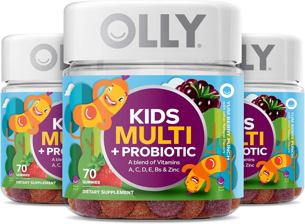 OLLY παιδιά πολυβιταμίνη + προβιοτική Gummy, βιταμίνες A, C, D, E, B, ψευδάργυρος, προβιοτικά, Chewable συμπλήρωμα, Berry Flavor, 70 Count (3 Pack)