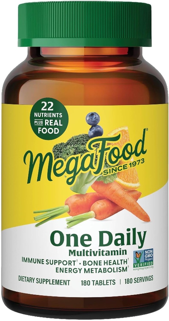 MegaFood One Daily Multivitamin for Women and Men, Immune Support Supplement with Real Food, Vitamin C & Vitamin B, Bone Health, Cellular Energy Metabolism, Vegetarian, Non-GMO, 180 Tabletler