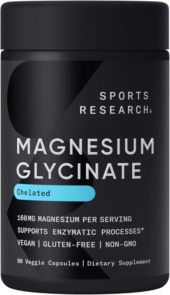 Sports Research® Magnesium Glycinate - Supports Restful Sleep & Enzymatic Processes - 160 mg Chelated Magnesium - Vegan Capsule - 90 Count
