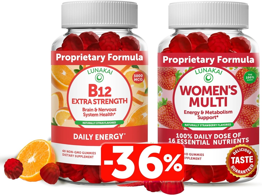 Lunakai Vitamin B12 ve Women's Multivitamin Gummies Sche - Non-GMO & Vegan Supplement for Energy Support and Bone Health -% 16 Essential Vitamins and Minerals - 30 Days Supply