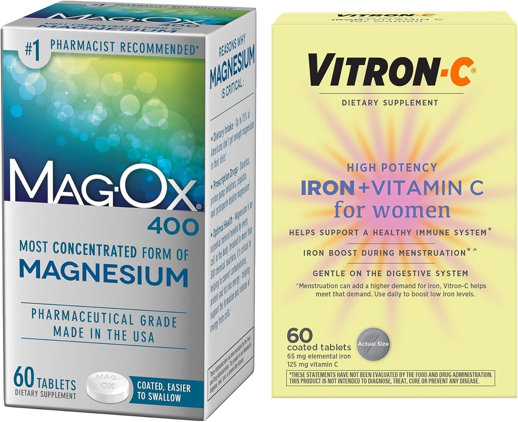 Συμπλήρωμα σιδήρου υψηλής ισχύος Vitron-C, υποστήριξη 60ct και Mag-Ox 400 Magnesium Mineral Supplement 60ct