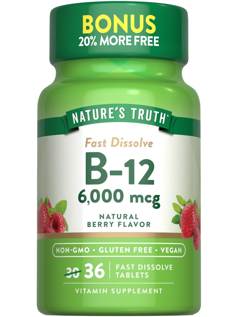 Nature's Truth B12 6000 mcg | Mecobalamin | 36 Tablet | Hızlı Dissolve Natural Berry Flavor | Vegan, Non-GMO & Gluten Ücretsiz