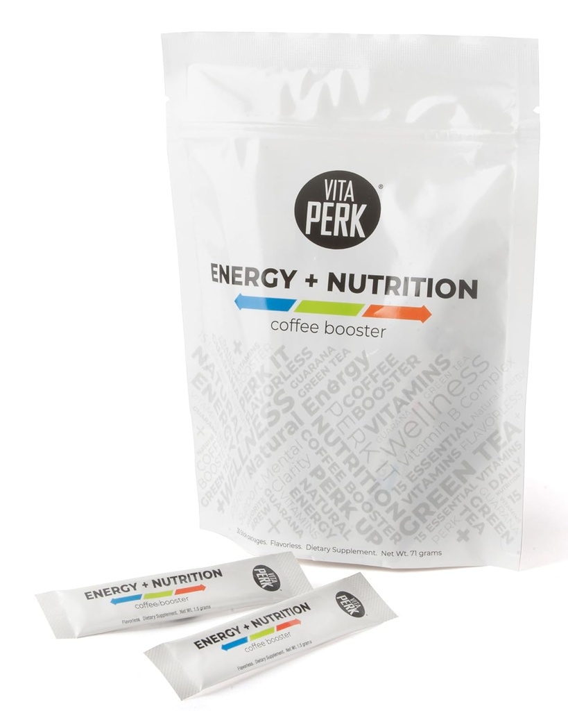 VitaPerk Flavorless Energy Drink Powder - Multivitamin Powder με 15 Βιταμίνες & Ορυκτά, Πράσινο Τσάι & Guarana για την ενεργειακή υποστήριξη, Ενίσχυση του καφέ σας, τσάι, smoothies & More - 0.05oz, 30 Stick συσκευασίες