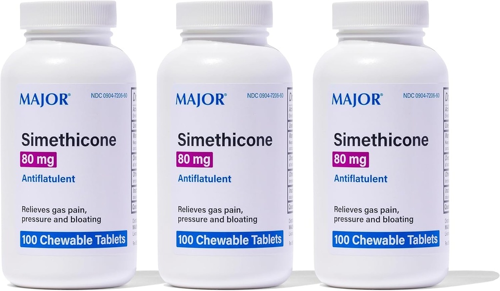 MAJOR Simethicone Gas Relief 80 mg - Anti Flatulence, Bloating ve Gaz Basınç Yardımı - 100 Chewable Tabletler (3 Pack)