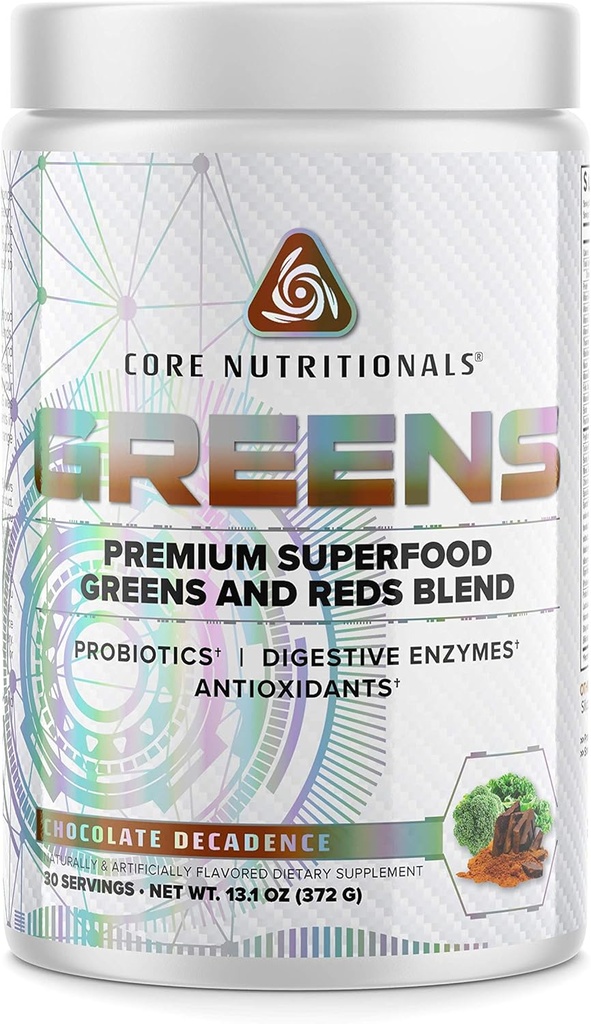 Core Nutritionals Greens | Premium Superfood Reds & Greens Mix | 5 Milyar CFU Probiyotikler, Digestive Enzymes, & Antisoxy | 30 Servisler (Chocolate Decadence)