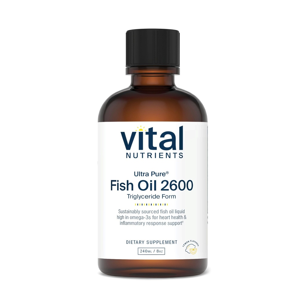 Vital Nutrients - Ultra Pure Fish Oil 2600 (Pharmaceutical Grade) - Hi-Potency Deep Sea Liquid Fish Oil, Cardiovascular Support, Natural Lemon Flavor - 8 Fl Oz per Şişe