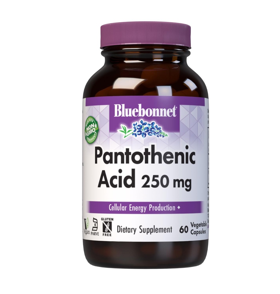 BlueBonnet Beslenme Pantothenic Acid 250 mg Günlük Vitamin B5 Kadınlar ve Erkekler için Hücresel Enerji - Vegan, Gluten-Free, Non-GMO - 60 Sebze Kapsülleri