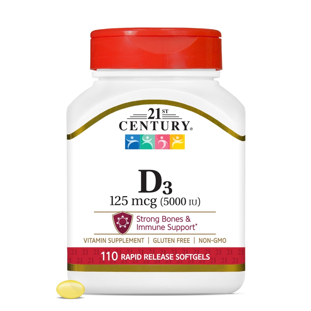 21. Yüzyıl Sağlık Vitamini D3 125 mcg (5,000 IU) Hızlı Yayın Softgels, 110 Kont