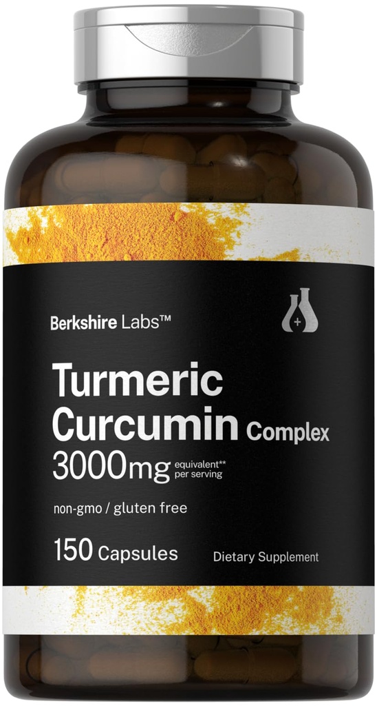 Horbäach Turmeric Curcumin 3000 mg | 150 Capsules | Turmeric Supplement with Black Pepper Extract | Non-GMO, Gluten Free Herbal Kompleksi | by Berkshire Labs