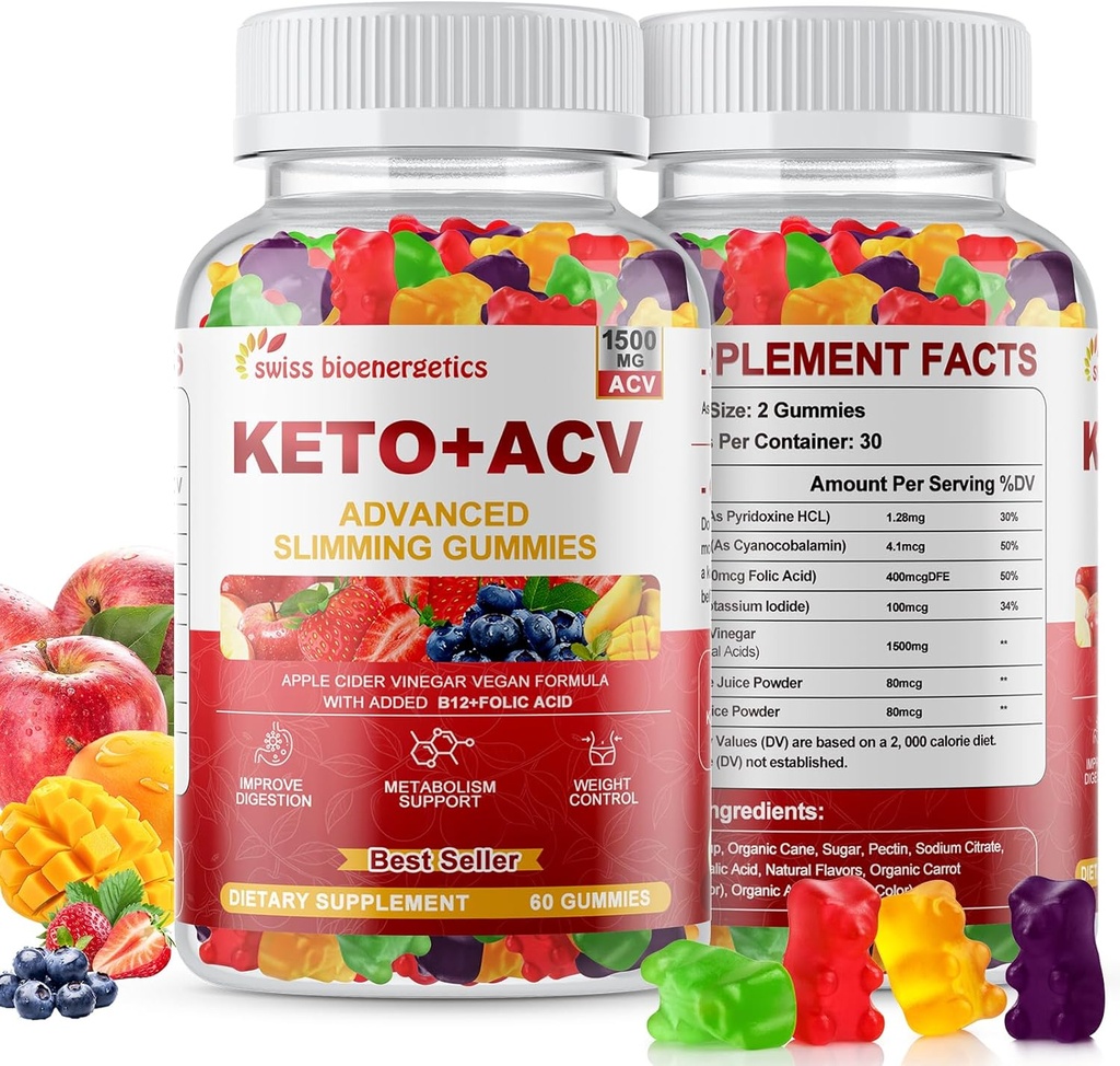 Keto Apple Cider Vinegar Gummies, Keto ACV Gummy Συμπλήρωμα διατροφής, Advanced 1500mg ACV Gummies with Folate, B12、B6 και Keto Υποστήριξη για γυναίκες άνδρες, ζελατίνη- Δωρεάν, Vegan & μη-GMO (Multi-Flavor)