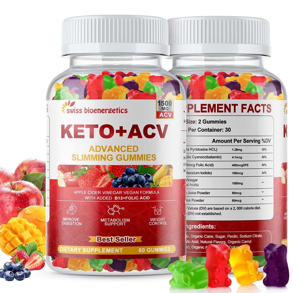 Keto Apple Cider Vinegar Gummies, Keto ACV Gummy Diyet Supplement, Advanced 1500 mg ACV Gummies with Folate, B12 SatılıkB6 ve Kadınlara Destek, Gelatin- Free, Vegan & Non-GMO (Multi-Flavor)