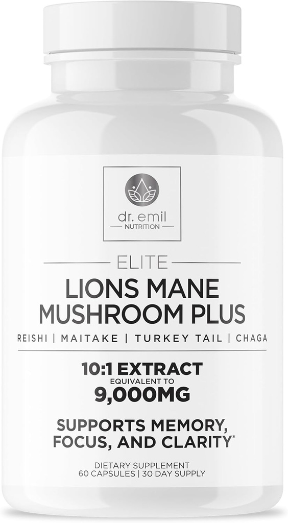 DR. EMIL NUTRITION 9000mg Βιολογικό Lions Mane Συμπληρώματα κάψουλες με Chaga, Reishi & Maitake - Φυσικό Mushroom Blend για την υποστήριξη της ευεξίας