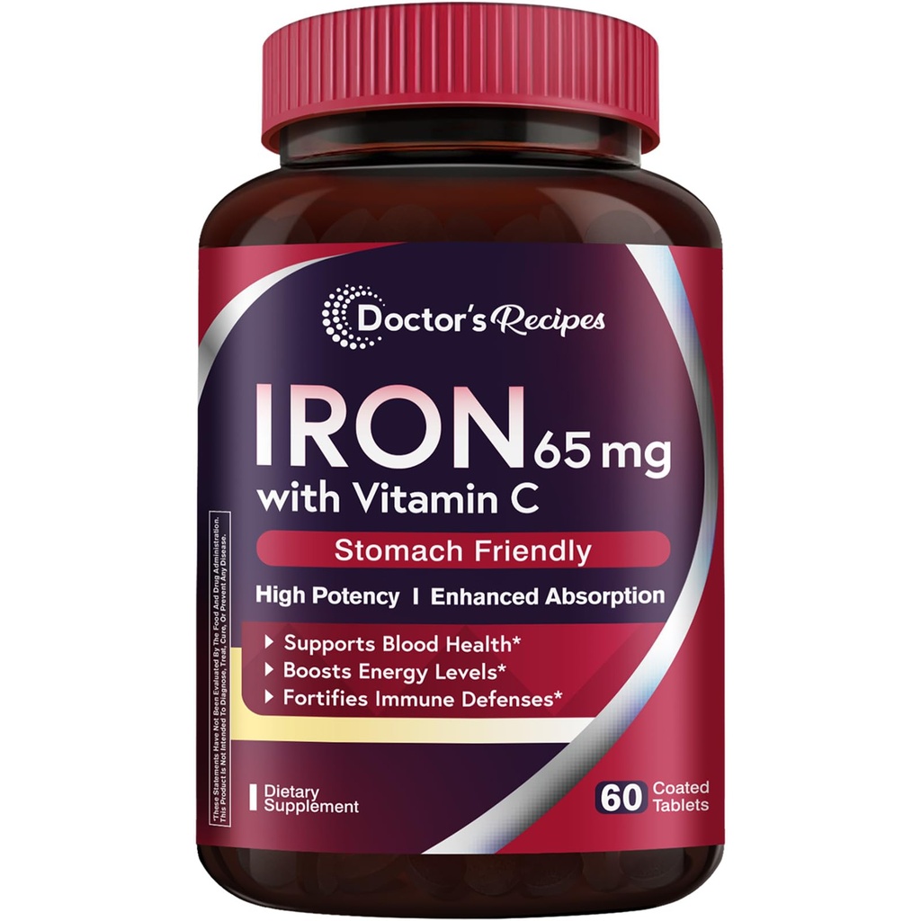 Doctor's Recipes Iron Supplement 65 mg with Vitamin C - Μεγιστοποιημένη Απορρόφηση, Στομάχι Φιλικό & Υψηλή Ιron Pills για Red Blood Cells Σχηματισμός & Ανοσία Υγεία - Vegan Non-GMO 60 Iron Tablets