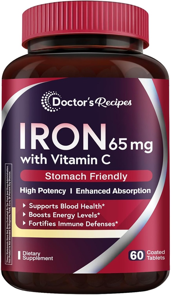 Doctor's Recipes Iron Supplement 65 mg with Vitamin C - Μεγιστοποιημένη Απορρόφηση, Στομάχι Φιλικό & Υψηλή Ιron Pills για Red Blood Cells Σχηματισμός & Ανοσία Υγεία - Vegan Non-GMO 60 Iron Tablets