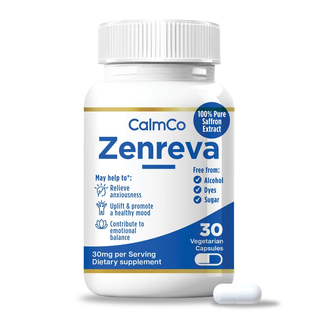 CalmCo Zenreva, Pure Saffron Extract Κάψουλες – Boost Mood, Βελτίωση Εστίασης, Μείωση Άγχους, Υποστήριξη Συναισθηματική Ισορροπία & Ύπνος, Μεταβολισμός Booster, Μη ΓΤΟ Κάψουλες Vegan, 30 Μέτρα