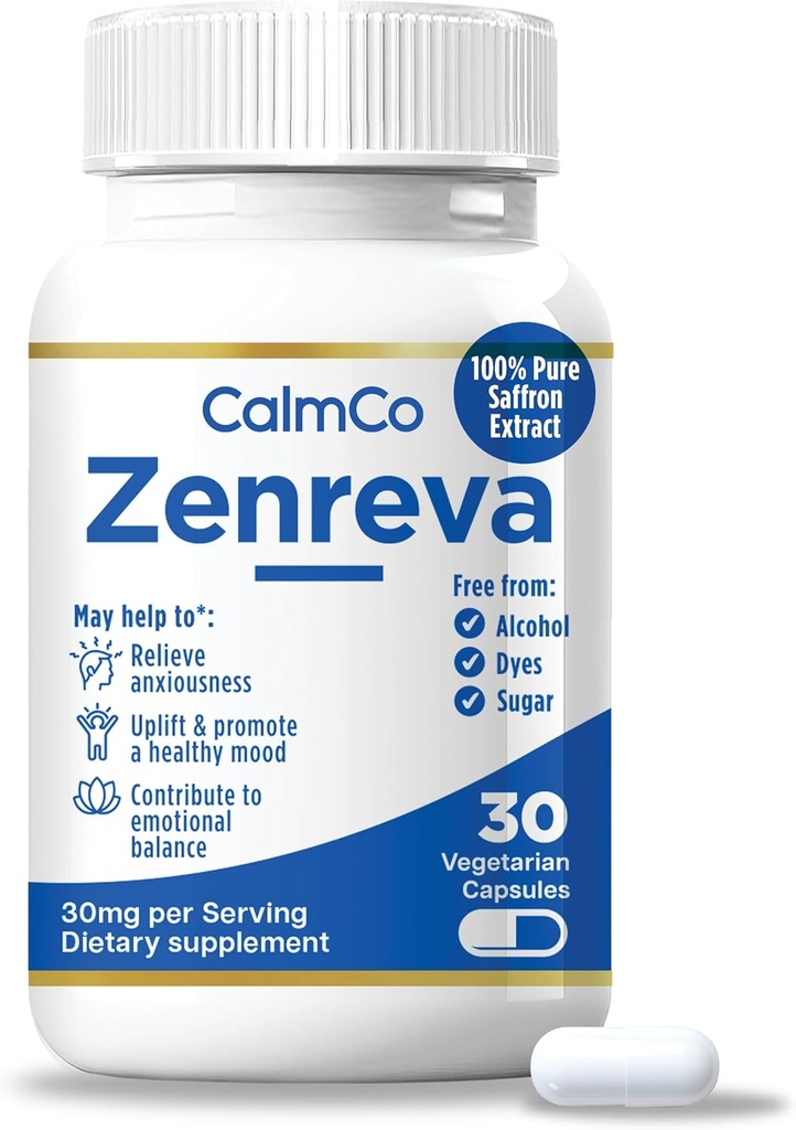 CalmCo Zenreva, Pure Saffron Extract Κάψουλες – Boost Mood, Βελτίωση Εστίασης, Μείωση Άγχους, Υποστήριξη Συναισθηματική Ισορροπία & Ύπνος, Μεταβολισμός Booster, Μη ΓΤΟ Κάψουλες Vegan, 30 Μέτρα