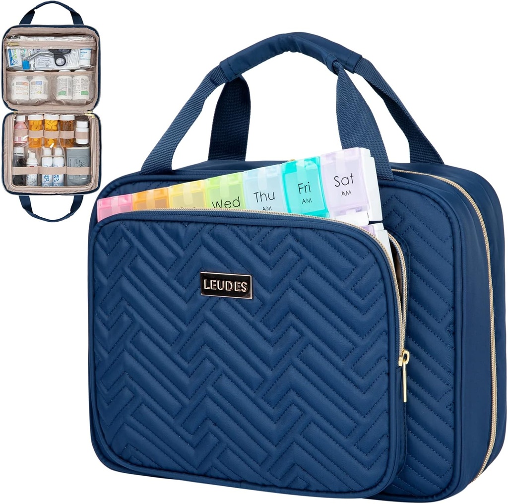 Leudes Travel Pill Bottle Organizer, Medicine Organizer and Storage, Home Τσάντα φαρμακευτικής αγωγής, κάσες, Carrier για χάπια, Vitamin, Fish Oil, Συμπληρωματικά για γυναίκες και άνδρες (Large, Blue)