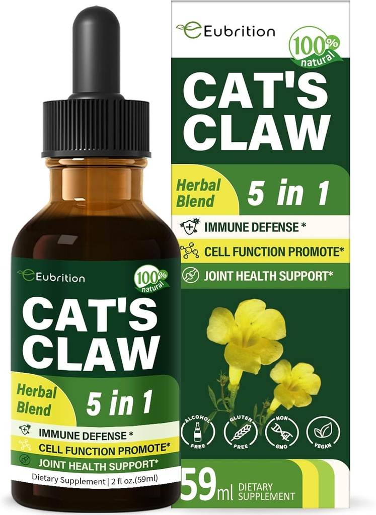 Βότανο Cat's Claw (Uña de Gato) Υγρές σταγόνες ανοσοποιητικής υποστήριξης, 5-σε-1 συμπλήρωμα βοτάνων με εκχύλισμα Echinacea & Elderberry, Χωρίς Αλκοόλ Βάμμα για την Ανοσία Boost, Joint & Bone Health. 2 oz