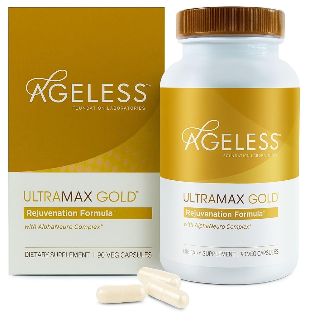 AGELESSTM: UltraMAX GoldTM Capsules, HGH Kadınlar için Anti-Aging Supplement, Slows Cellular Aging, Supports Immune Health, Smoother Skin Tone ve Restorative Sleep, Kilo Management, 90 Capsules