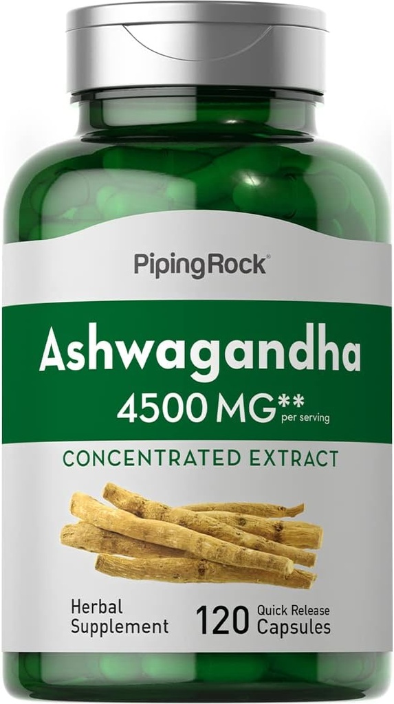 Piping Rock Ashwagandha Supplement | 4500 mg | 120 Capsules | for Women and Men | Herb Root Extract | with Black Pepper | Non-GMO, Gluten Free
