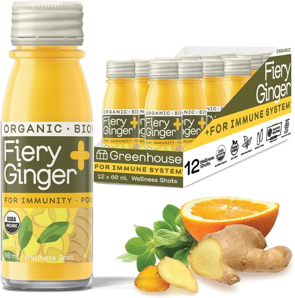 Sera Suyu Organik Fiery Ginger Wellness Shots 12Count 60 ml Cam Şişeler, Vegan & Gluten-Free Free