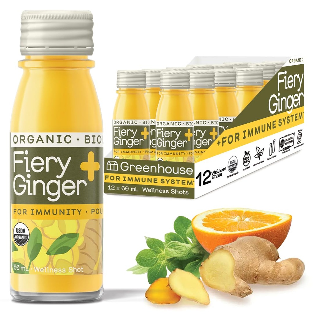 Sera Suyu Organik Fiery Ginger Wellness Shots 12Count 60 ml Cam Şişeler, Vegan & Gluten-Free Free