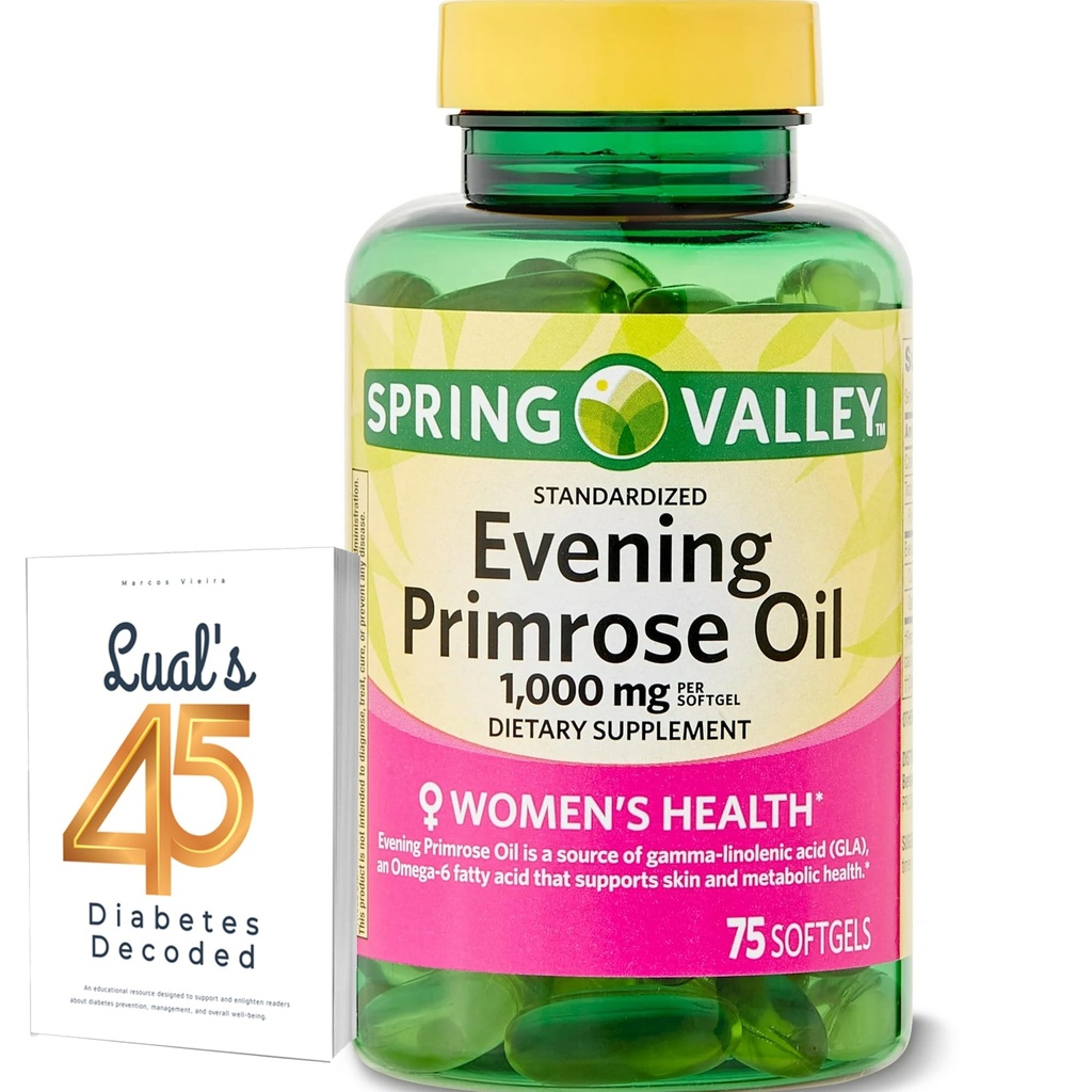 Spring Valley Evening Primrose Oil Women's Health Supplement Softgels, 1000 mg, 75 Count, Softgels, Evening Primrose Oil Caps 1000mg Bundle with LualL's 45 Diabeted