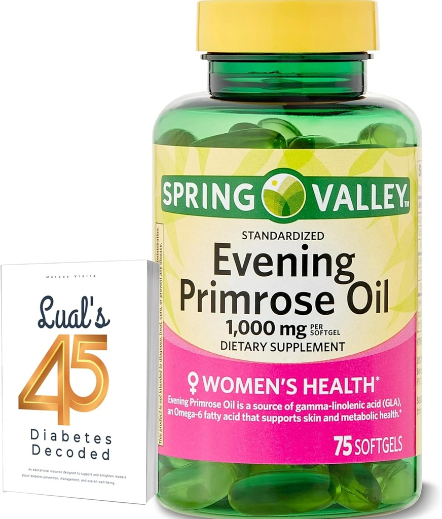 Spring Valley Evening Primrose Oil Women's Health Supplement Softgels, 1000 mg, 75 Count, Softgels, Evening Primrose Oil Caps 1000mg Bundle with LualL's 45 Diabeted