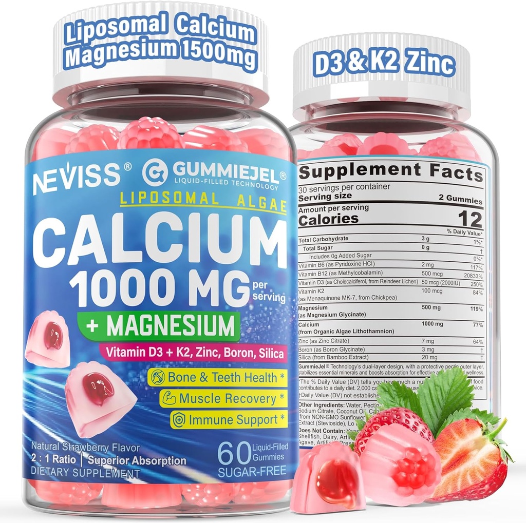 Kadınlar için, Erkekler - Liposomal Kalsiyum 1000 mg D3 K2, Magnezyum Glycinate, çinko, Boron, Silica for Bone Health - Sugar Freeuba Magnezyum Gummies, Vegan, 60 Kont