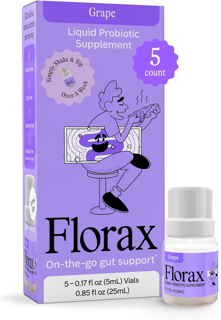 Florax - Sıvı Probiyotik - Kadınlar, Erkekler ve Çocuklar için Destek - Vegan, Gluten Free, Lactose Free, Soy Free ve Preservative Free - Grape Flavor - 5 Vials