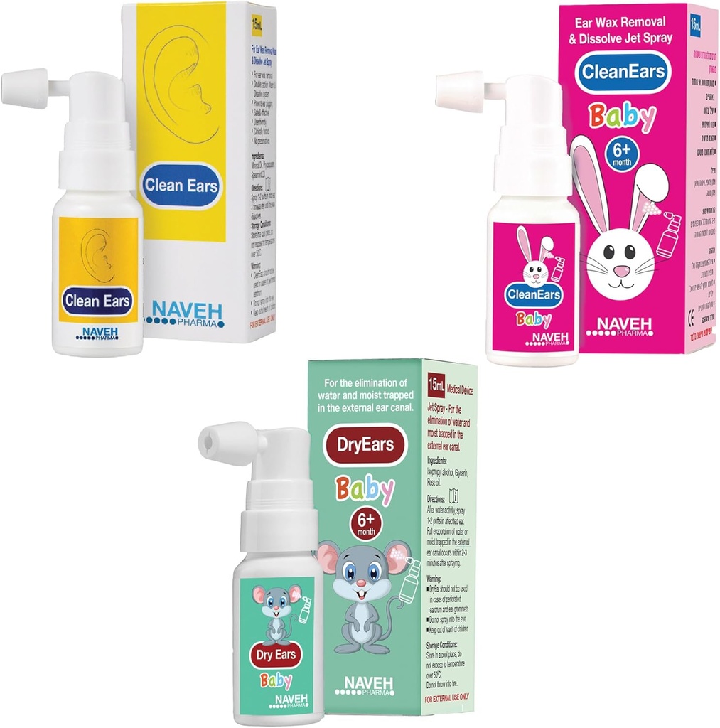 NAVEH PHARMA CleanEars 0,5 Fl Oz+ NAVEH PHARMA Kuru-Ears Bebek 0,5 FL OZ + NAVEH PHARMA Otic Guard Bebek 0,5 Fl Oz
