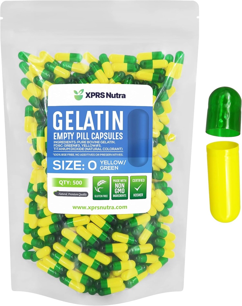 XPRS Nutra Μέγεθος 0 Κενές κάψουλες - 500 Count Empty Gelatin Κάψουλες - Χάπια για DIY Καψάκιο Γέμισμα - Pure Bovine Pill Gel Caps για Do-It-Yourself Συμπληρώματα (Πράσινη/Κίτρινη)
