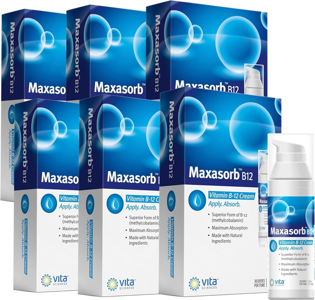 Vita Sciences Maxasorb B12 Vitamin B-12 Cream 1000 mcg: Enerji, Sağlık ve Glowing Skin için Güçlü Topical Mecobalamin - 6 Paket