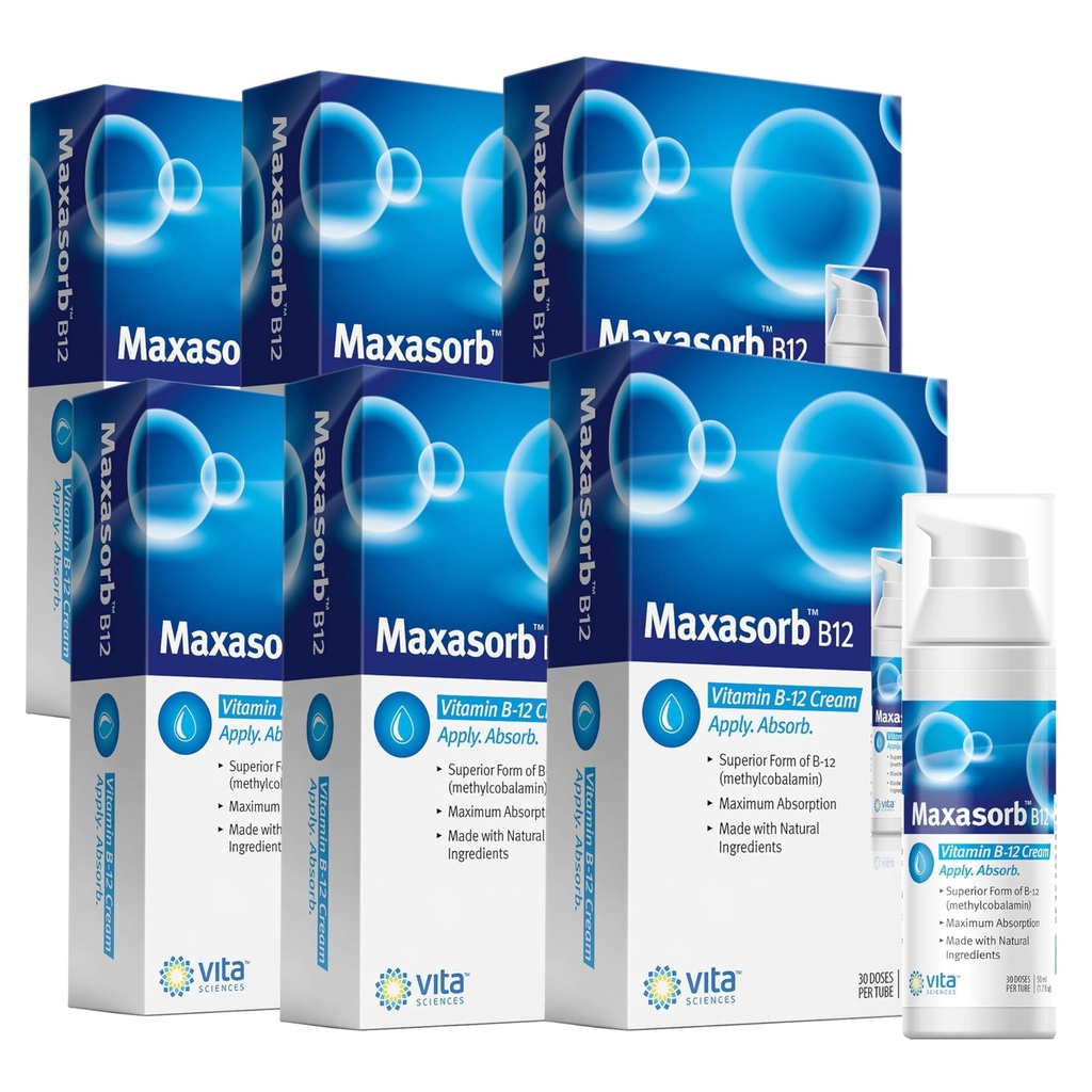 Vita Sciences Maxasorb B12 Vitamin B-12 Cream 1000 mcg: Enerji, Sağlık ve Glowing Skin için Güçlü Topical Mecobalamin - 6 Paket