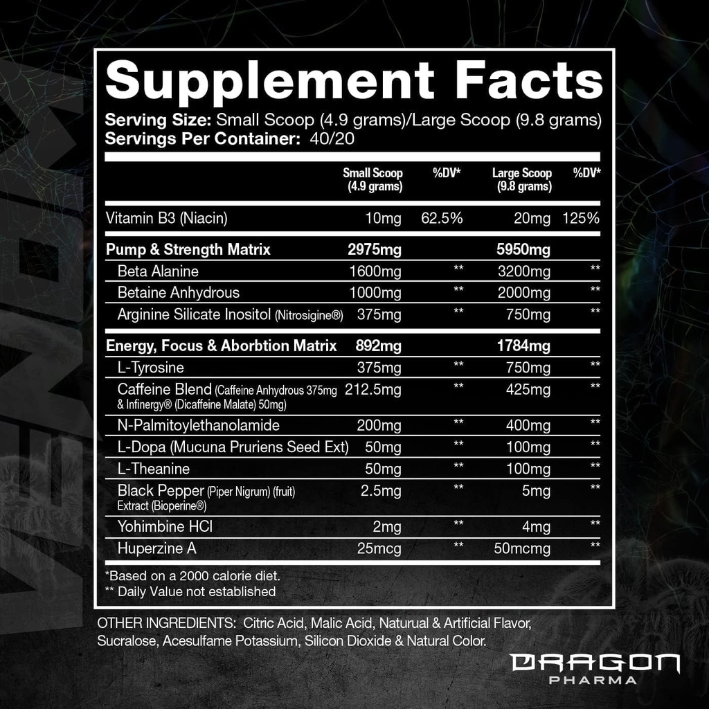 DRAGON PHARMA Venom Extreme Potency Pre-Workout, Laser Sharp Focus + Ενέργεια, Έντονη απόδοση, Αποδεδειγμένα συστατικά για την ενίσχυση της αγγειοδιαστολής & αντοχής (40 εξυπηρετούν, American Juice)