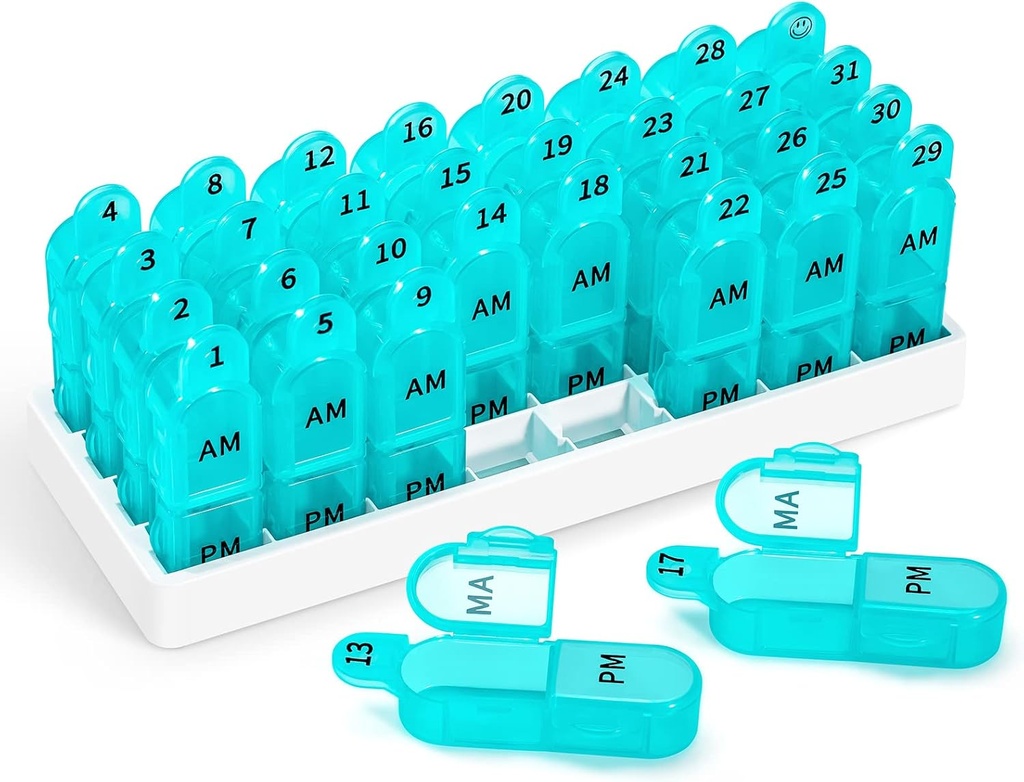 Zoxy Monthly Pill Organizer 2 Times a Day, 30 Day Pill Box Organizer Am Pm, Daily Pill Case with 32 Large Karşılaştırmalar for each Day, Portable Travel Pill Container for Vitamins and Medicine (Cyan)