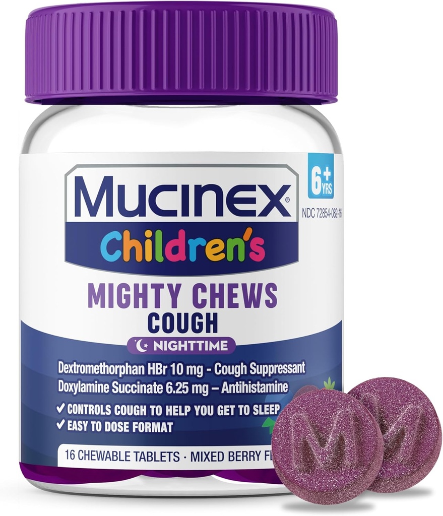 Mucinex Children's Mighty Chews Nighttime Kids Cough Medicine, Easy to Dose Cough Suppressant with Dextromethorphan, Kids Travel Medicine for Cough, Karma Berry Flavor, 16 Medicated Chewable Tabletler