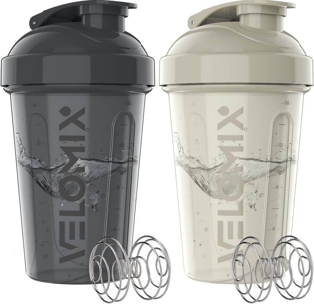 VELOMIX -2 Pack- 20 oz protein Mixer Şişeler - 2 Wirex Whisk | Protein Shakes ve Pre Workout | Protein Shaker Şişe Paketi (Gray/Beyaz)