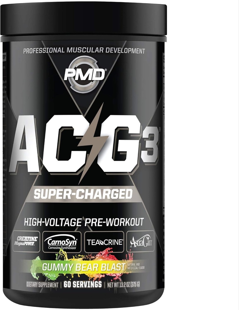 PMD Sports ACG3 Supercharged - Pre Workout - Güçlü Güçlü Kuvvet, Yüksek Enerji, Zihin Focus'u, Erkekler ve Kadınlar için Endurance ve Mükemmel İşout Performansı - Gummy Bear Blast (60 Hizmet)