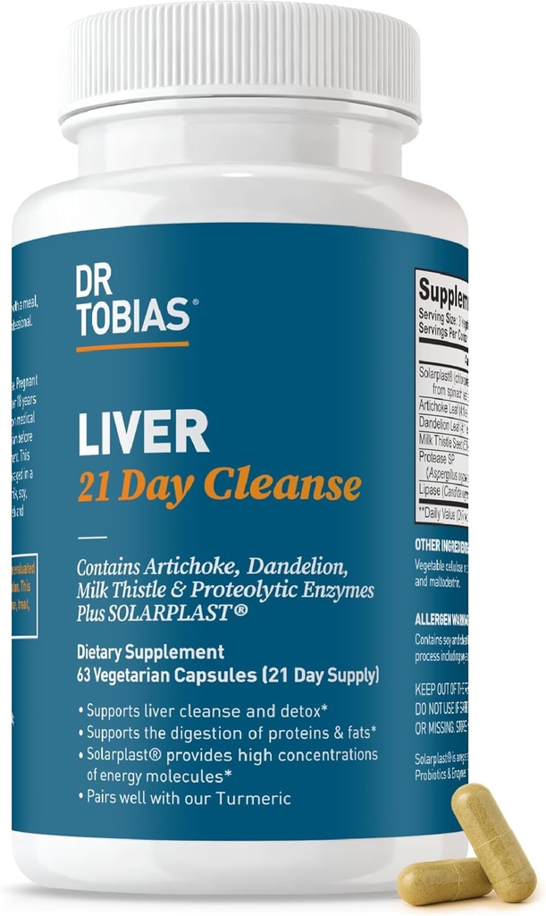 Dr. Tobias 21 Day Cleanse, Herbal Liver Detox Milk Thistle, Dandelion Root & Artichoke Extract, Supports Liver Health & Digestion, 63 Vegetarian Capsulestion