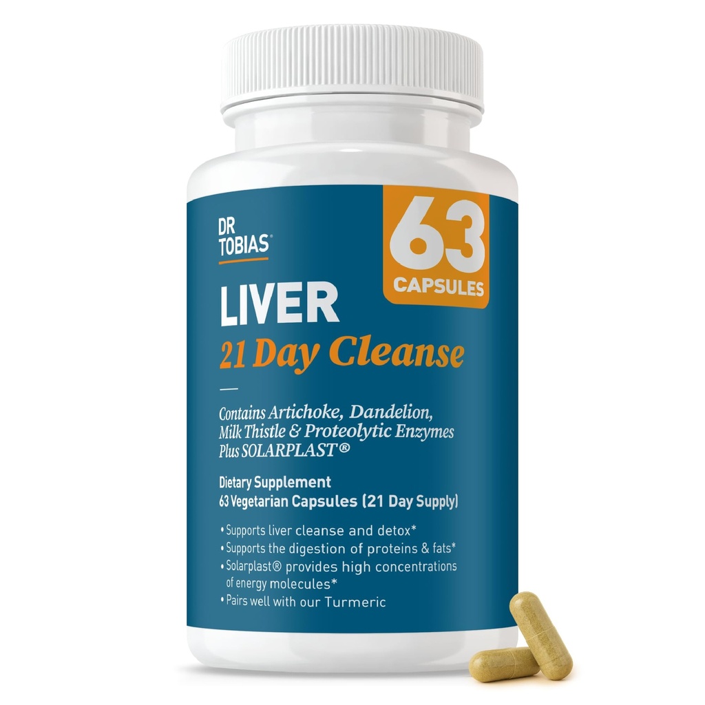Dr. Tobias Liver 21 Ημέρα Καθαρίστε, Herbal Liver Detox Καθαρίστε με το γάλα Thestle, Dandelion Root & Artichoke Extract, Υποστηρίζει την υγεία του ήπατος και την πέψη, 63 κάψουλες χορτοφάγων