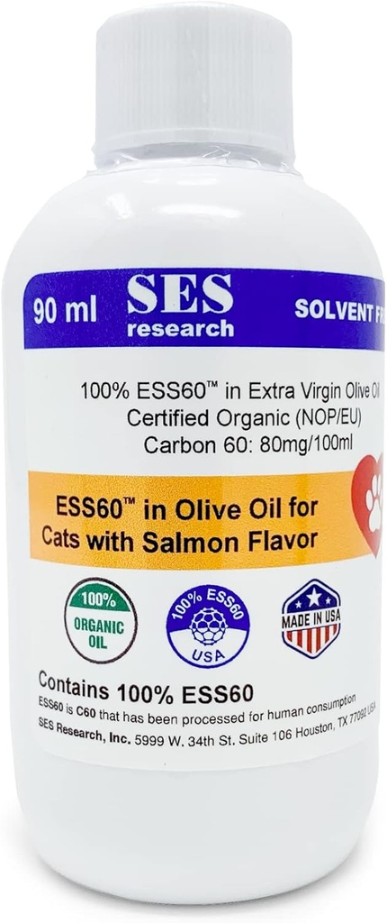 SES Research C60 for Pets in Organic Extra Virgin Olive Oil with Salmon Flavor - Evcil hayvanlar Yemek Supplement - Antioksi Supplement - Cheese Free - Immunity ATM - Boosts Energy & Mood - Focus - 90ML