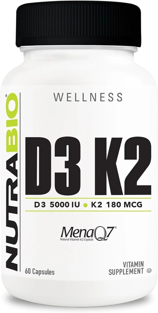 NutraBio Vitamin D3 K2 | 5000 IU D3 as Cholecalciferol with K2 as MENA-Q MK7 (180mcg) | Destek Bone and Heart Health | Non-GMO, Gluten Free, Lactose Free | 60 Sebze Kapsülleri