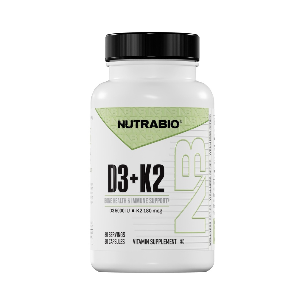 NutraBio Vitamin D3 K2 | 5000 IU D3 as Cholecalciferol with K2 as MENA-Q MK7 (180mcg) | Destek Bone and Heart Health | Non-GMO, Gluten Free, Lactose Free | 60 Sebze Kapsülleri