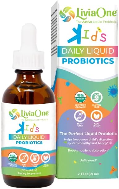 LiviaOne Daily Liquid Probiyotiks for Kids, Probiyotik Supplement for Digestive Health and Immune Support, USDA-Cerated Organic, Vegan, and Allergen-Free, Non-GMO Probiyotiks, 2 Fl Oz (Pazar 1)