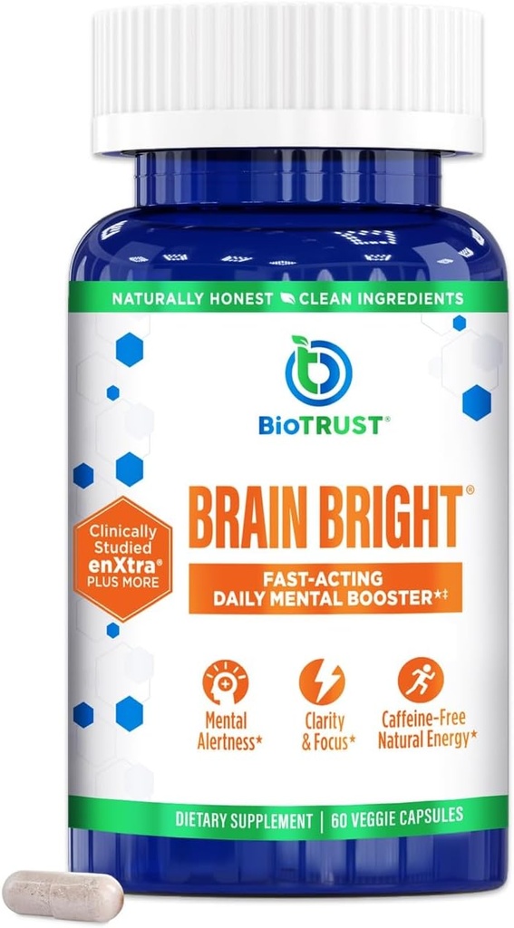 BioTrust Brain Bright – Daily Nootropic Boost for Focus, Concentration, mental Clarity – Caffeine Free Nootropics Brain Support Supplement – Thai Ginger, Ginkgo, Folate, L-Theanine – 30 Hizmet