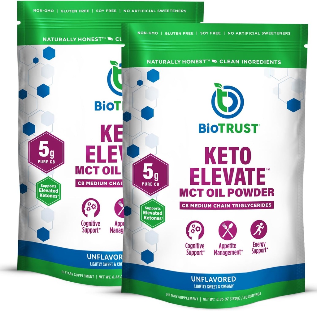 BioTrust Keto Elevate – C8 MCT Oil Toz – Ketgen MCT Kahve Kremer, Keto Kahve Kremer – Temiz Enerji, Ruh Focus & Clarity – %100 Caprylic Acid MCT Toz, Non-GMO (Unflavored, 40 Hizmet)