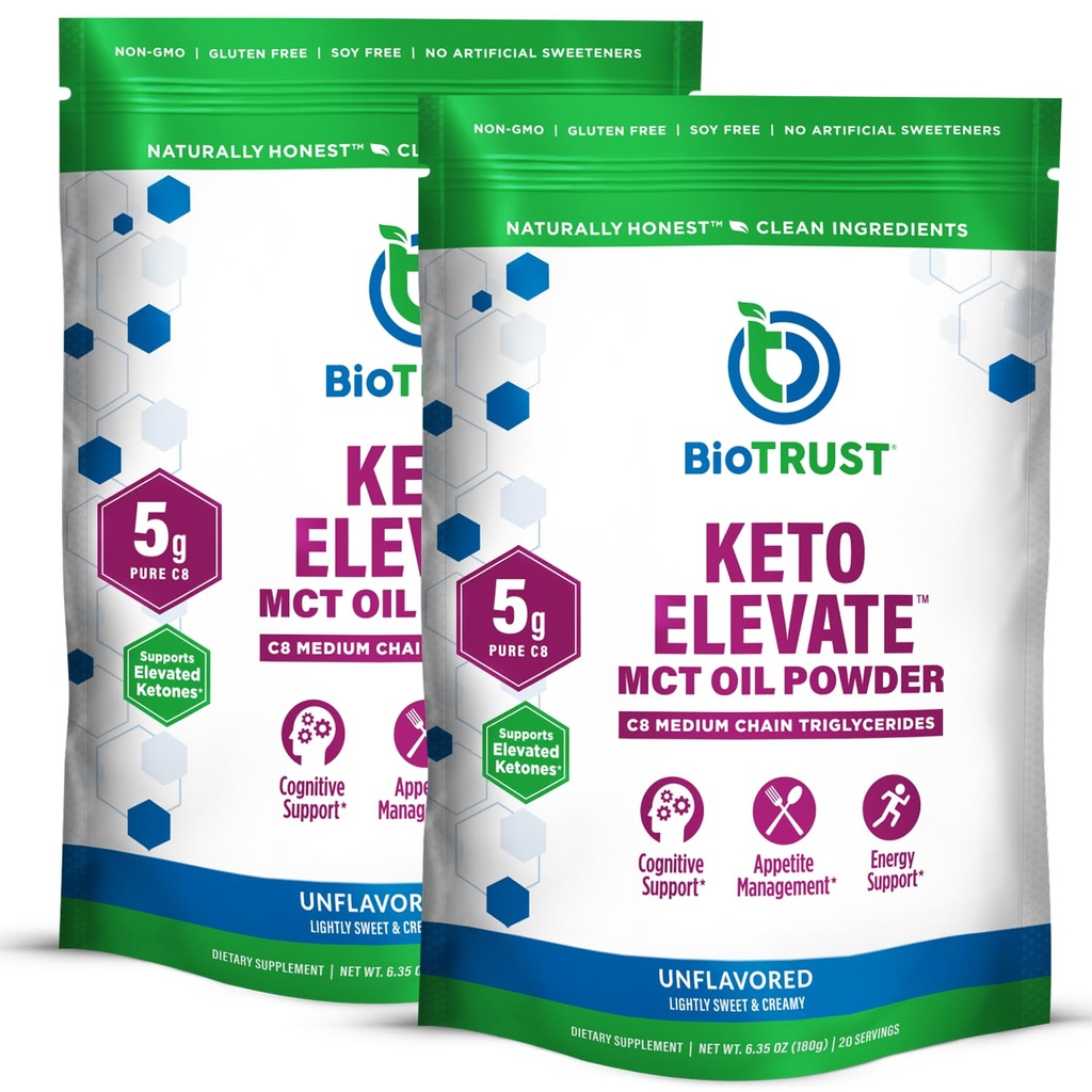 BioTrust Keto Elevise – C8 MCT Oil Powder – Ketogenic MCT Coffee Creamer, Keto Coffee Creamer – Καθαρή ενέργεια, ψυχική εστίαση & καθαρότητα – 100% Caprylic Acid MCT Powder, Μη-GMO (Άγευστη, 40 υπηρεσίες)