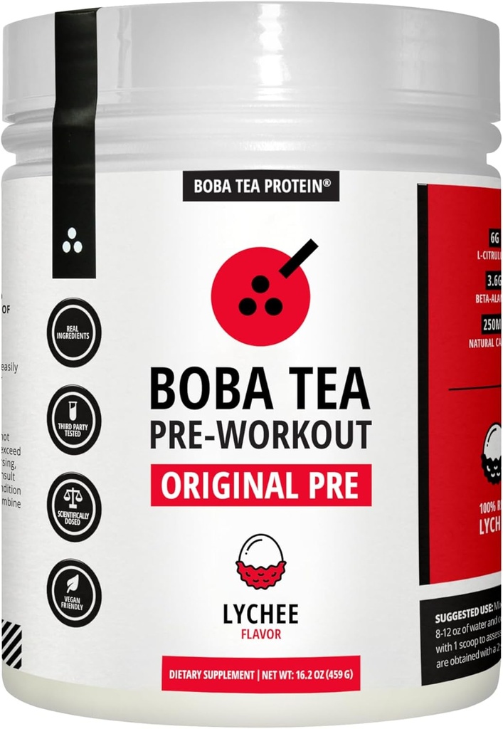 Boba Tea Pre-Workout Toz | Lychee Flavor | 125-250 mg Caffeine | L-Citrulline, Beta Alanine, Alpha-GPC | Gerçek Malzemeler | Premium Pre Workout Toz for Men and Women | 20-40