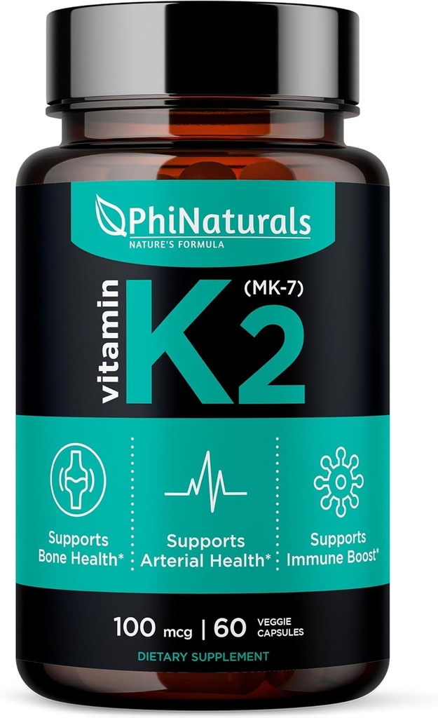 Phi Naturals Vitamin K2 Mk7 100 mcg Vegan 60 Capsules Bone Health Heart Cardiovascular Arteries - VIT k-2 MK-7 100mcg Supplement from Natto